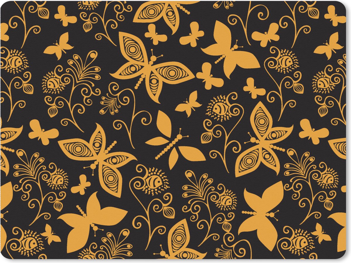 Muismat XXL 80x60 cm - Bureau onderlegger - Bureau mat Bloemen - Vlinder - Goud - Patroon - Bureaumat - Gaming mousepad xl - Bureaulegger groot - Computer deskmat