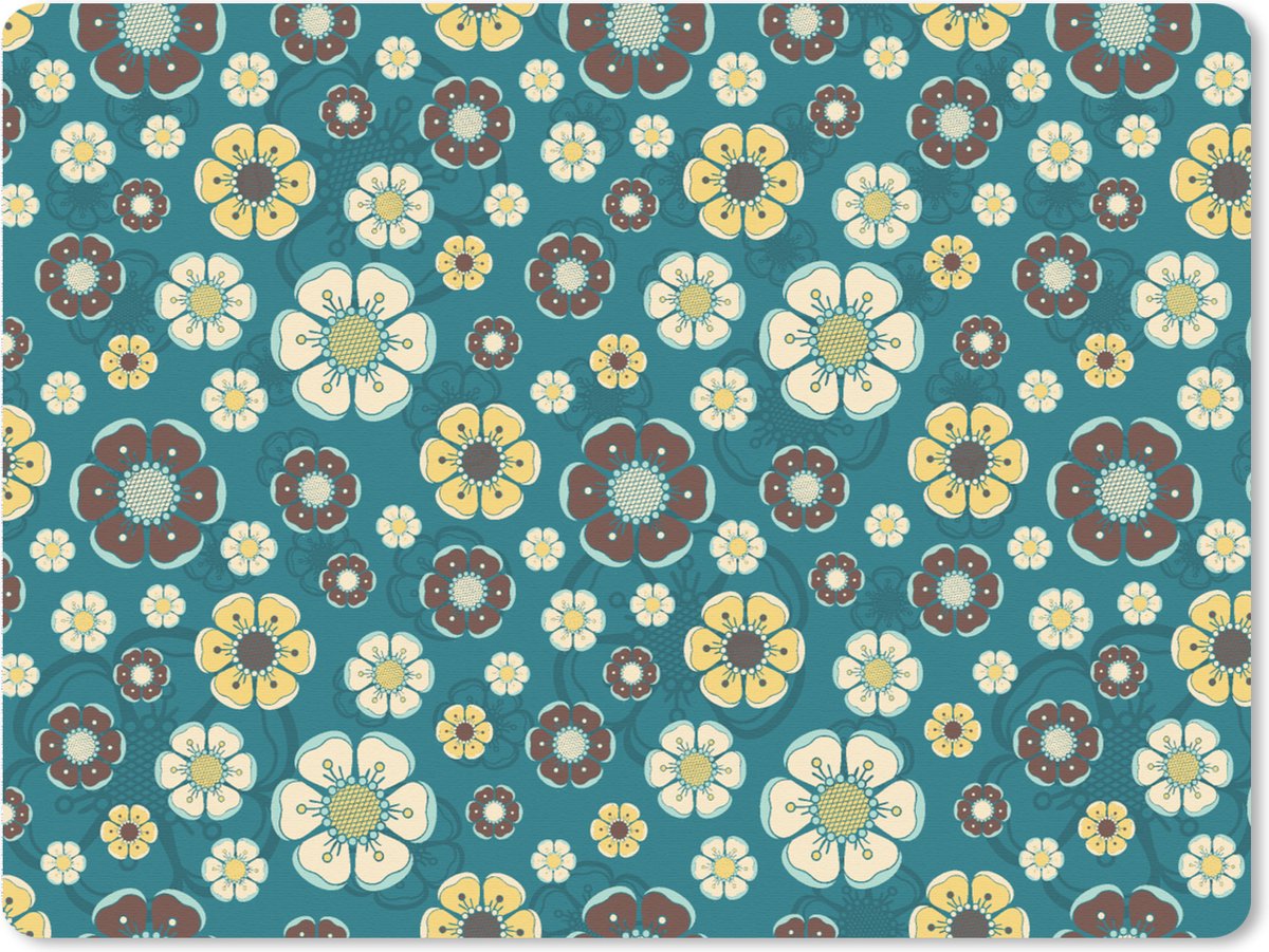 Muismat XXL 80x60 cm - Bureau onderlegger - Bureau mat Retro - Bloemen - Patronen - Blauw - Bureaumat - Gaming mousepad xl - Bureaulegger groot - Computer deskmat