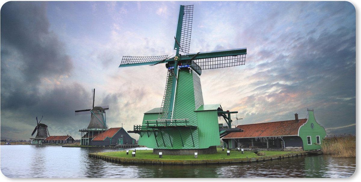 Muismat XXL 120x60 cm - Bureau onderlegger - Bureau mat Windmolens in Zaandam bij zonsondergang - Bureaumat - Gaming mousepad xl - Bureaulegger groot - Computer deskmat