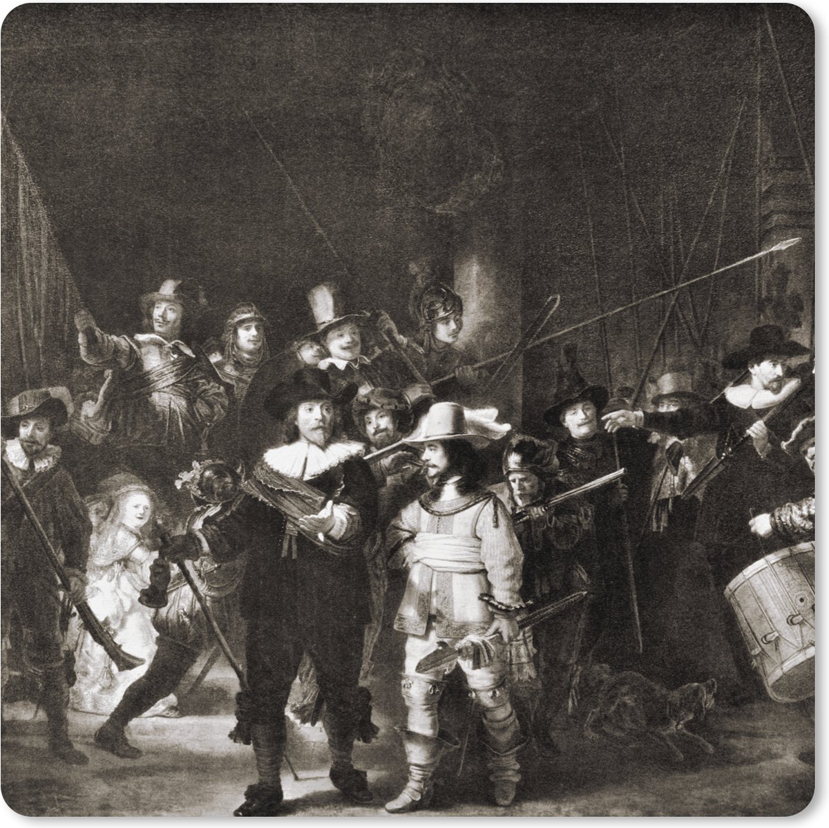 Muismat XXL 40x40 cm - Bureau onderlegger - Bureau mat De Nachtwacht in zwart-wit - Rembrandt van Rijn - Bureaumat - Gaming mousepad xl - Bureaulegger groot - Computer deskmat