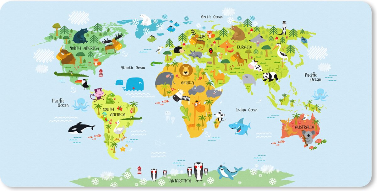 Muismat XXL 100x50 cm - Bureau onderlegger - Bureau mat Wereldkaart Kinderen - Dieren - Kleuren - Bureaumat - Gaming mousepad xl - Bureaulegger groot - Computer deskmat