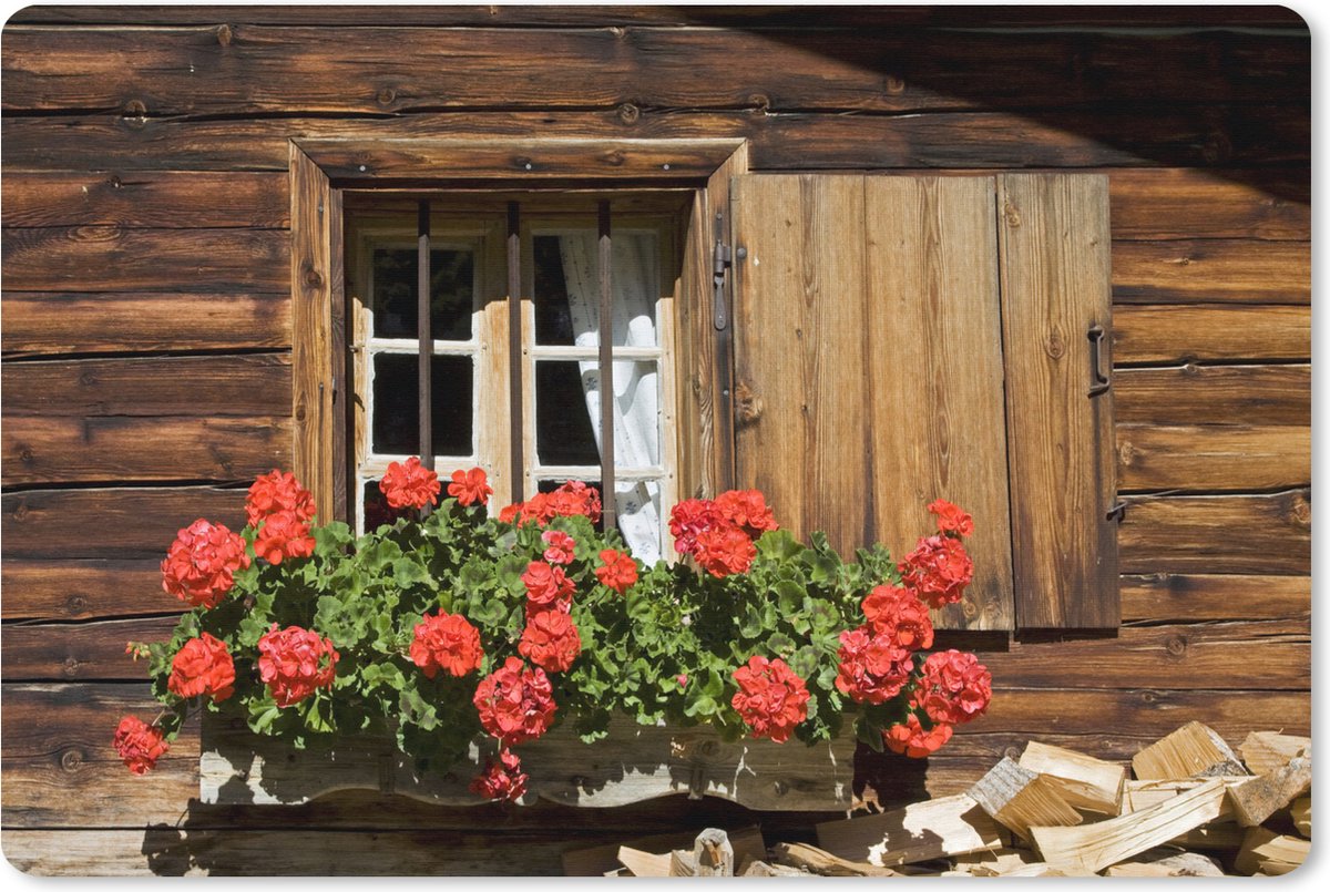 Muismat XXL 120x80 cm - Bureau onderlegger - Bureau mat Venster met geranium bloemen in bloei - Bureaumat - Gaming mousepad xl - Bureaulegger groot - Computer deskmat