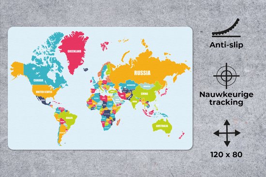 Muismat XXL 120x80 cm - Bureau onderlegger - Bureau mat Wereldkaart - Kleuren - Letters - Kinderen - Jongens - Meisjes - Bureaumat - Gaming mousepad xl - Bureaulegger groot - Computer deskmat