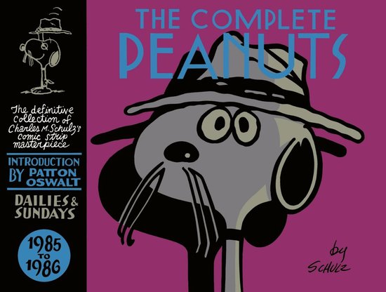 Boekomslag van 'The Complete Peanuts 1985-1986' met Snoopy op de voorgrond, met tekst.