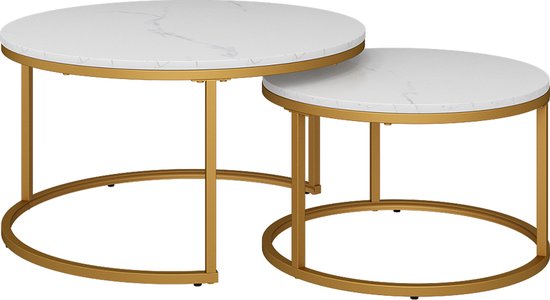 Deux tables basses rondes, blanches avec plateau aspect marbre et cadre doré, sur fond blanc.
