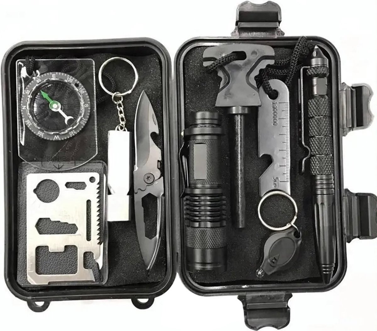 Cover van Survival Kit - Bushcraft Kit - Outdoor Noodpakket - Camping Set - Overleving Kit - Inclusief Opbergcase - Zaklamp - Kompas - Mes - Noodpakket - Outdoor - Vuurstarter - Draadzaag - Nood Fluitje