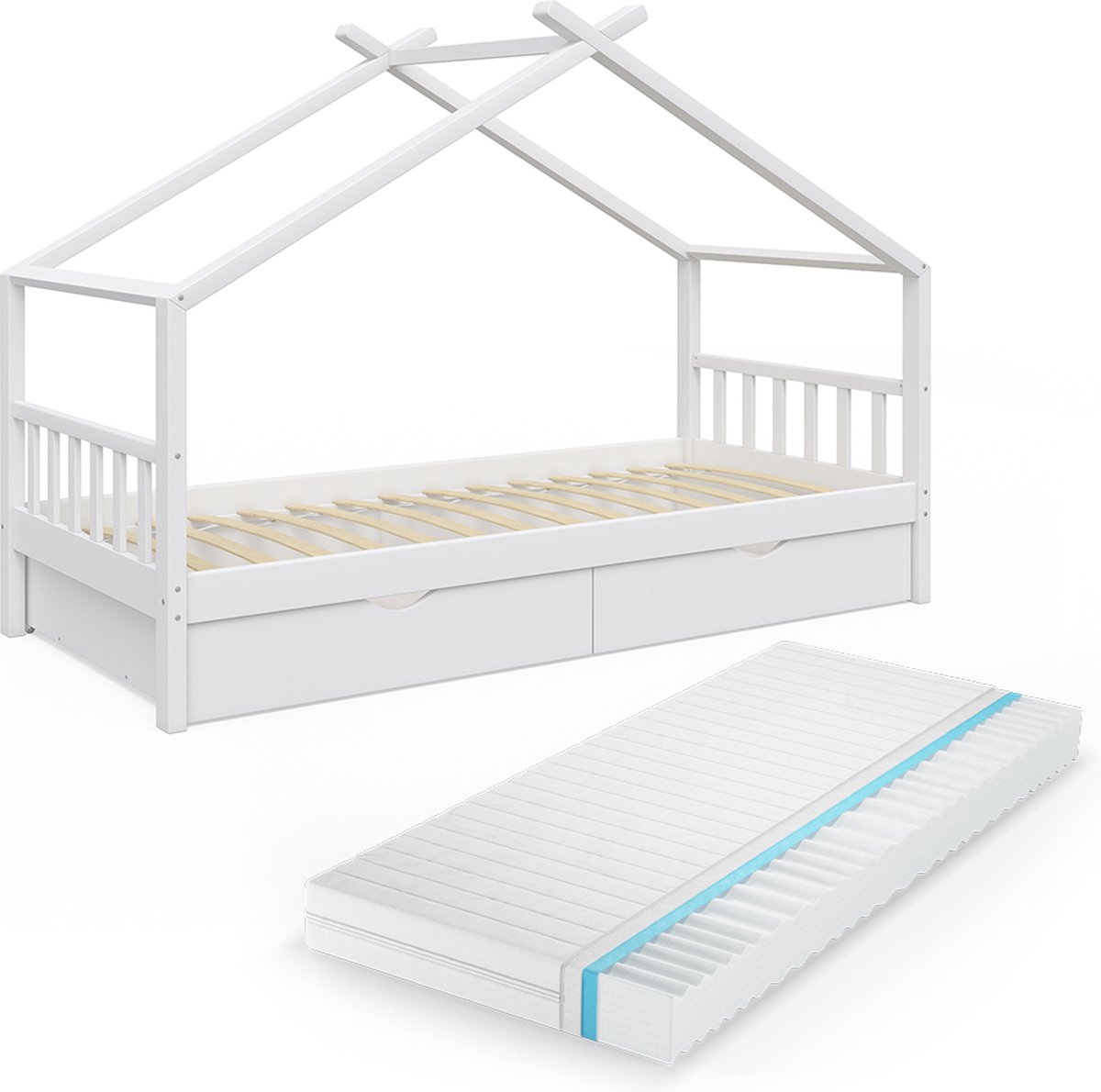Vitalispa Design House Bed – 90x200 cm with 2 drawers and mattress White