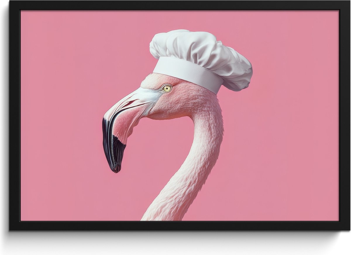 FrameYourWall Fotolijst inclusief poster - Posterlijst 60x40 cm - Posters - Flamingo - Roze - Koksmuts - Vogel - Foto in lijst - Keuken decoratie muur - Wanddecoratie accessoires - Muurdecoratie - Schilderijen Koksmuts - Flamingo
