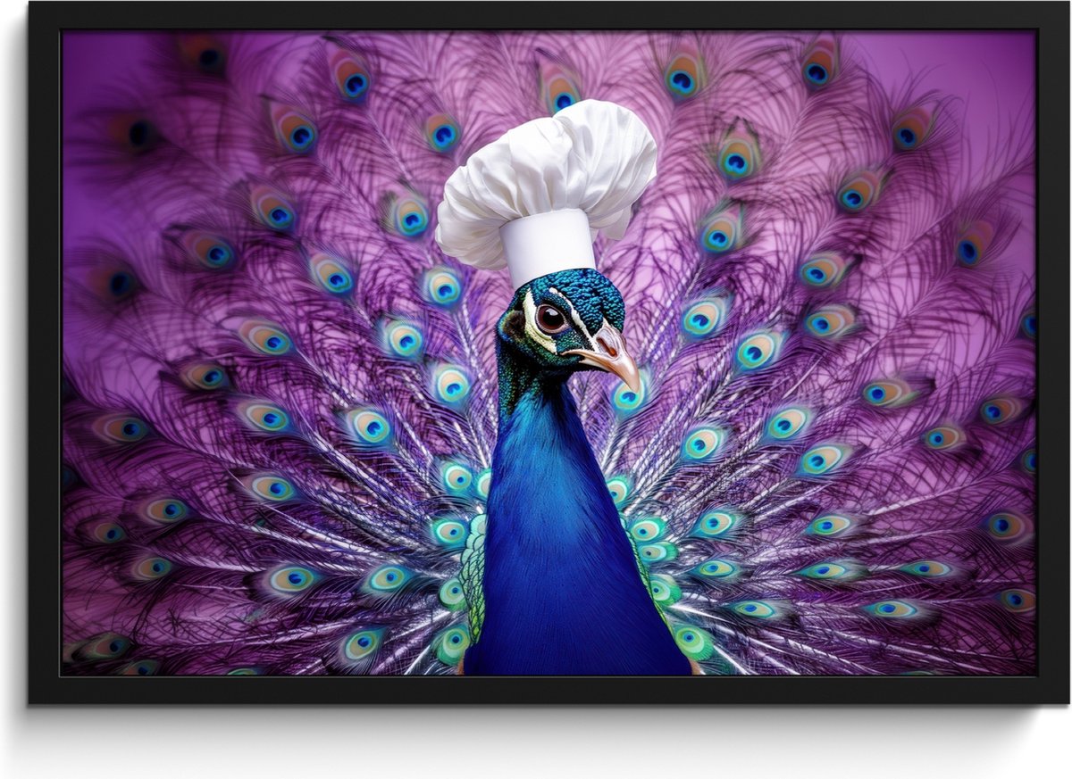 FrameYourWall Fotolijst inclusief poster - Posterlijst 60x40 cm - Posters - Pauw - Koksmuts - Cool - Paars - Foto in lijst - Keuken decoratie muur - Wanddecoratie accessoires - Muurdecoratie - Schilderijen Koksmuts - Pauw