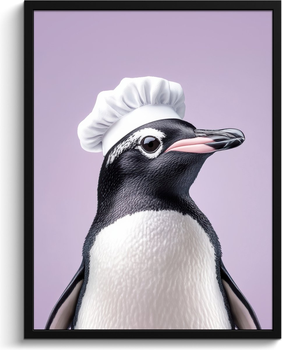 FrameYourWall Fotolijst inclusief poster - Posterlijst 60x80 cm - Posters - Pinguïn - Koksmuts - Lief - Paars - Foto in lijst - Keuken decoratie muur - Wanddecoratie accessoires - Muurdecoratie - Schilderijen Koksmuts - Pinguïn