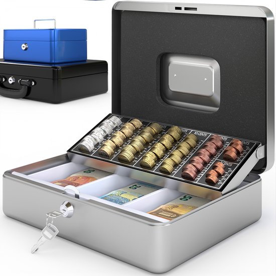 ACROPAQ Geldkistje – 30 x 24 x 9 cm, Geldkist met sleutel, Stalen constructie, Met 2 meegeleverde sleutels, Zilver – Geldkluis, Geldkoffer, Geldlade