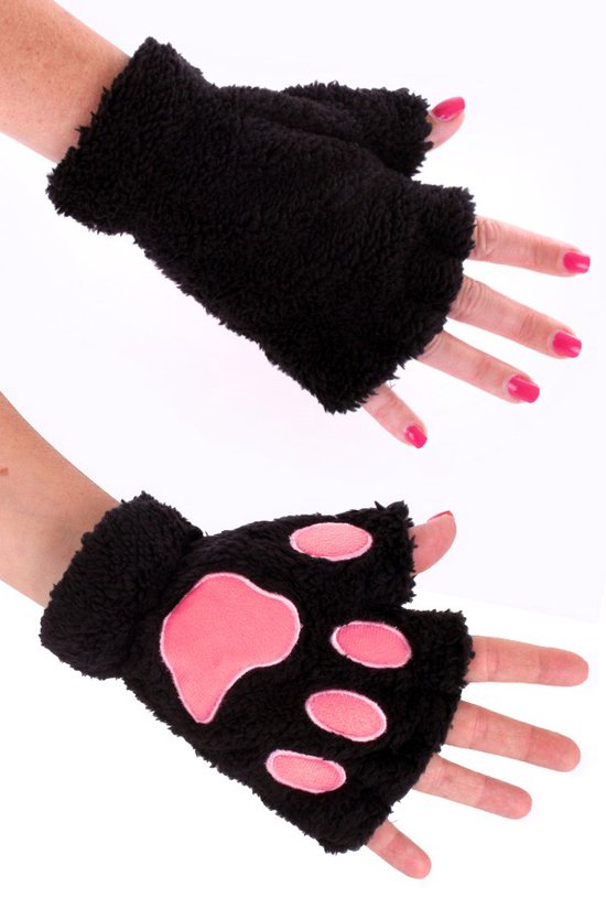 KIMU Gants sans doigts patte d'animal peluche rose Zwart - pattes sans doigts - pattes de chat pattes de chien pattes d'animaux polaire cadeau de Noël