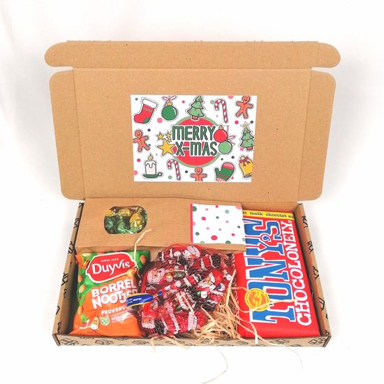 Kerst brievenbus cadeau - Merry X-mas - kerst cadeau pakketje - Tony chocolonely - Kerstchocolade kerstmannen - zakje zuurtjes - borrelnootjes