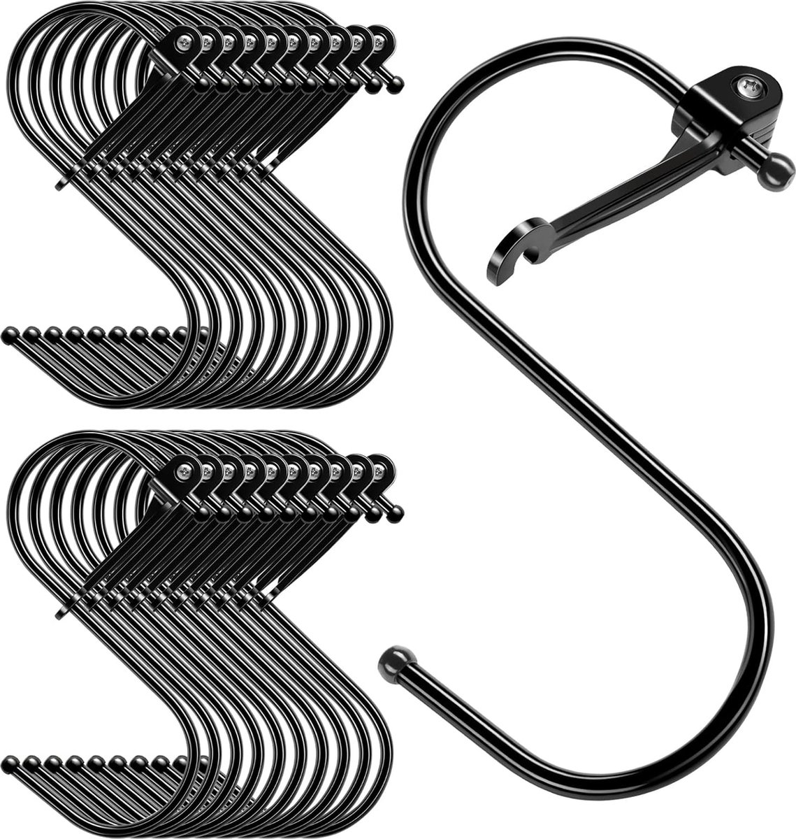 JGS ® Universele Metalen Haken met Veiligheidsclip voor Keuken en Garderobe, Set van 20 Stuks, Zwart