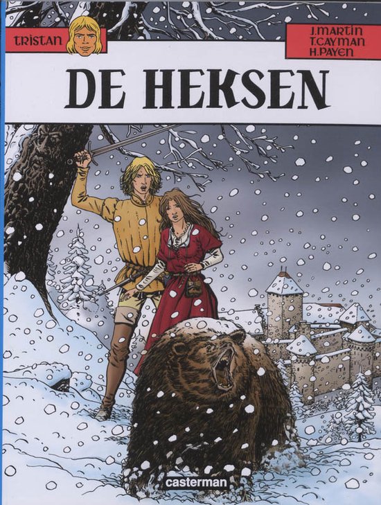 Cover van 'De Heksen' met Tristan in een gele tuniek en een vrouw in een rode jurk, voor een beer en een kasteel.