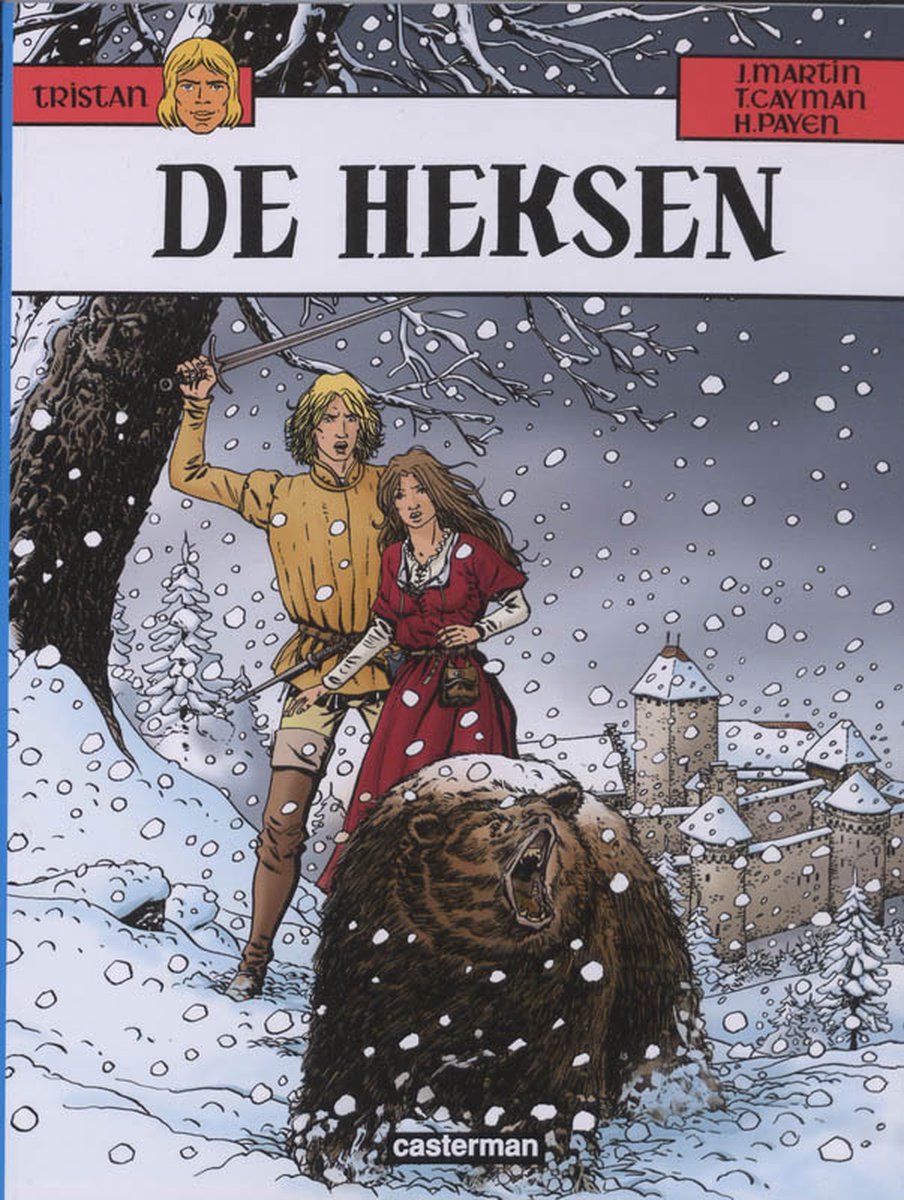 Cover van 'De Heksen' met Tristan in een gele tuniek en een vrouw in een rode jurk, voor een beer en een kasteel.