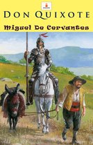 Boek kaft met Don Quixote te paard, een zwaardvechter en een ezel in een landschap. Don Quixote, Miguel De Cervantes, Seven Books.