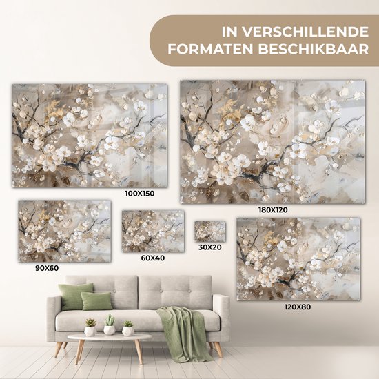 MuchoWow® Tableau sur verre 120x80 cm - Tableau sur verre acrylique - Fleurs - Wit - Or - Beige - Luxe - Photo sur verre - Décoration murale salon - Décoration murale chambre - Peintures
