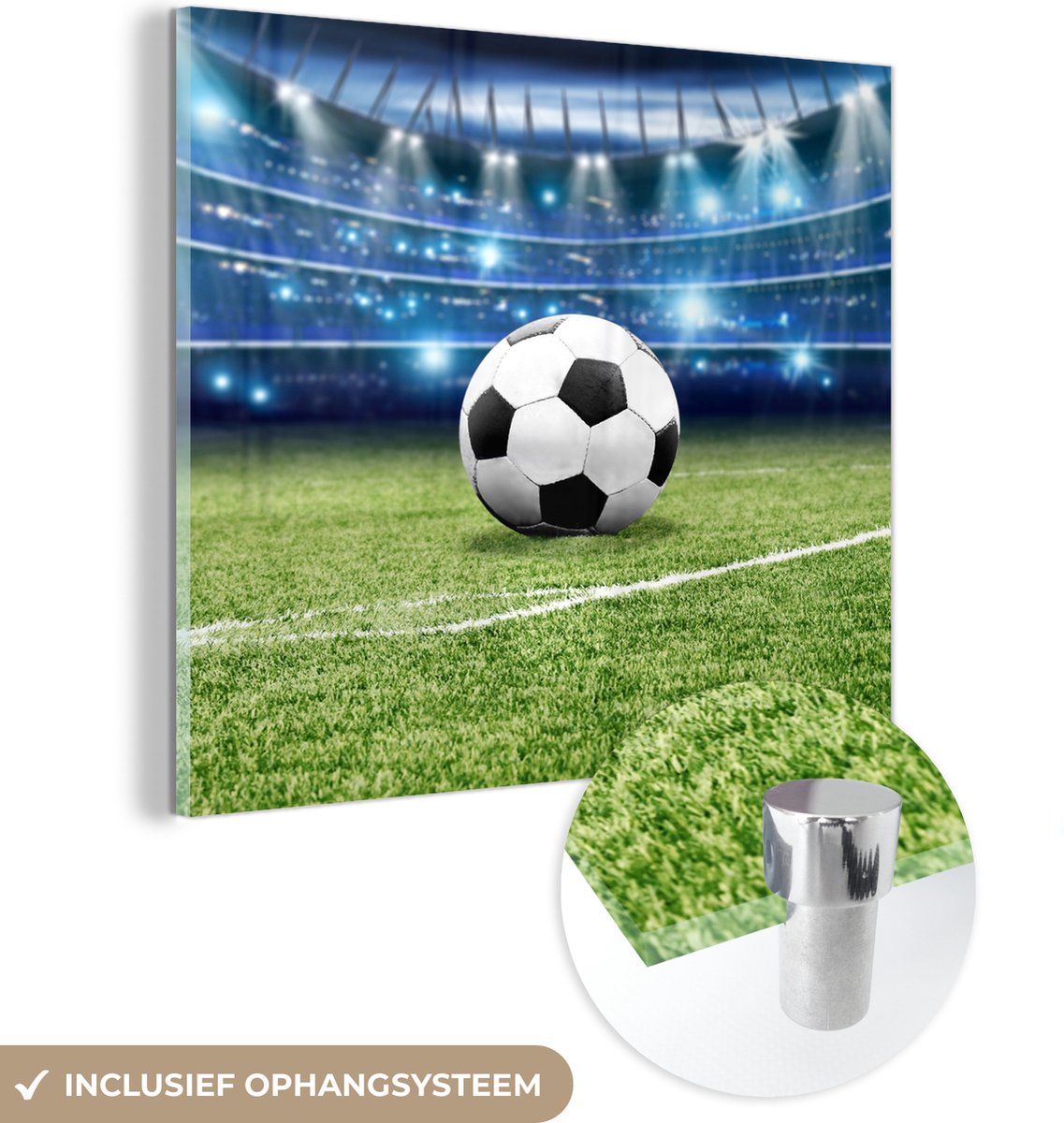 MuchoWow® Glasschilderij 20x20 cm - Schilderij acrylglas - Voetbal - Stadion - Bal - Jongens - Foto op glas - Muurdecoratie woonkamer - Wanddecoratie slaapkamer - Schilderijen