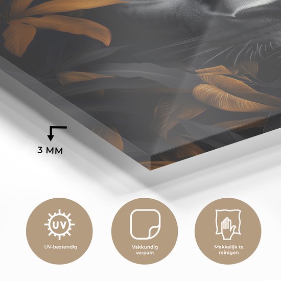 MuchoWow® Peinture sur verre 50x50 cm - Peinture sur verre acrylique - Panthère noire - Fleurs - Or - Nature - Félin - Photo sur verre - Décoration murale salon - Décoration murale chambre - Peintures
