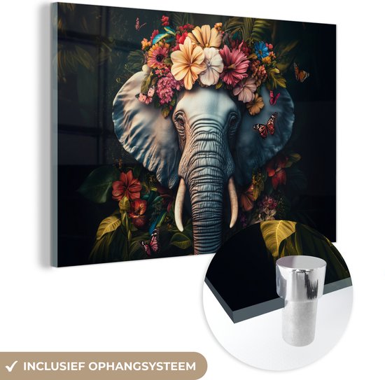 MuchoWow® Peinture sur verre 120x80 cm - Peinture sur verre acrylique - Éléphant - Animaux - Fleurs - Nature - Photo sur verre - Décoration murale salon - Décoration murale chambre - Peintures