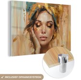 MuchoWow® Glasschilderij 120x80 cm - Schilderij acrylglas - Vrouwen - Portret - Luxe - Goud - Foto op glas - Muurdecoratie woonkamer - Wanddecoratie slaapkamer - Schilderijen