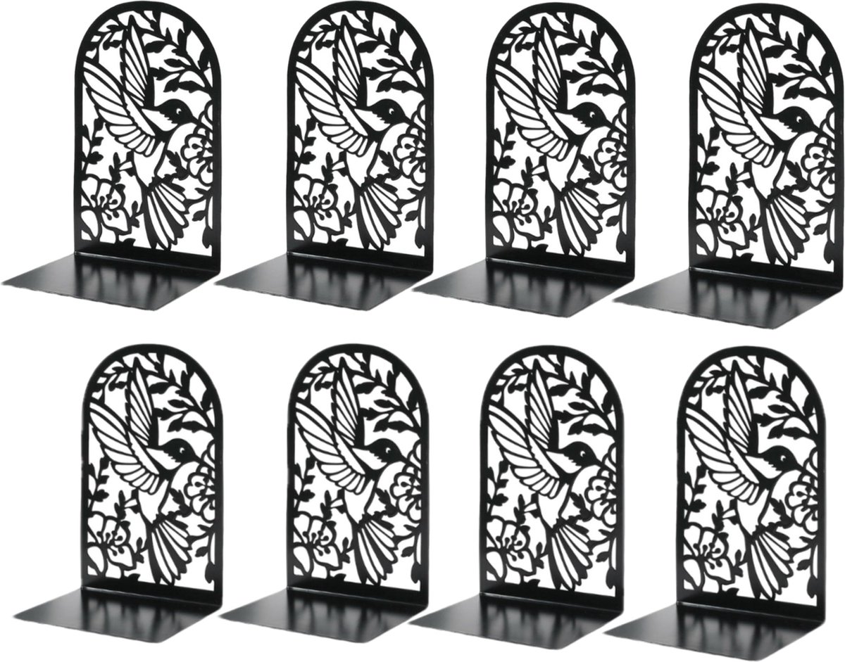 La'Moussawi ® Stijlvolle Zwarte Metalen Boekensteun met Bloemen- en Vogelmotief voor Organisatie