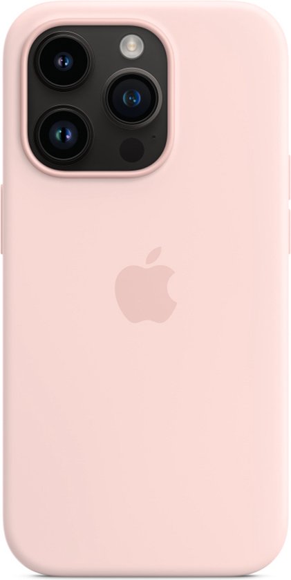 Coque Apple en silicone rose pâle avec logo Apple et découpe pour les caméras de l'iPhone 14 Pro.