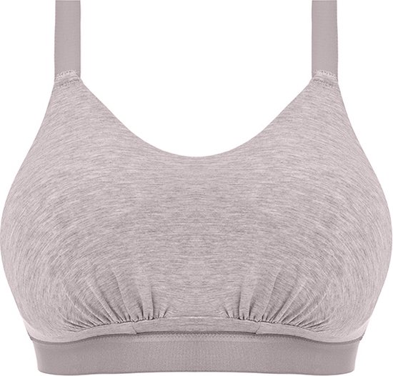 Grijze bralette met gedrapeerde stof aan de onderkant en grijze band, op witte achtergrond.