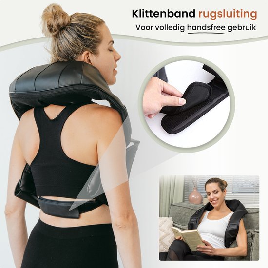 Vrouw met zwart massagekussen om de nek, sluiting met klittenband op de rug. Met extra afbeelding van vrouw die leest met kussen.
