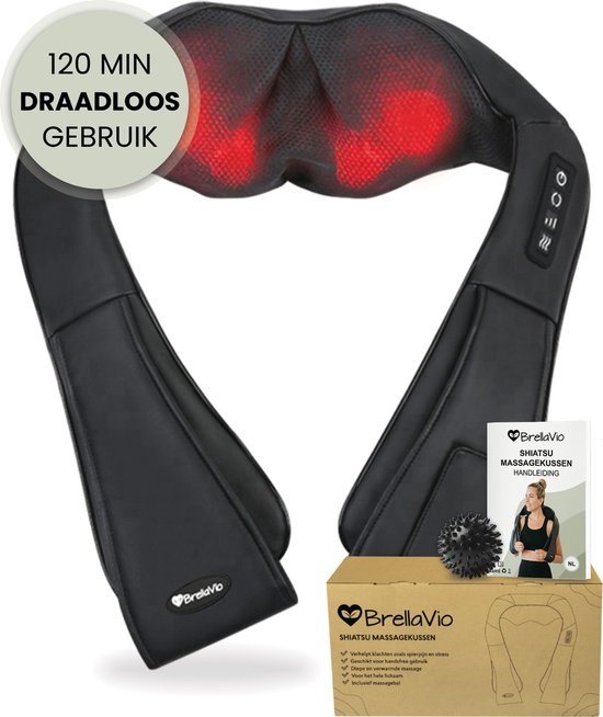 BrellaVio XL Draadloos Massagekussen + Massagebal - Massage Apparaat met Infrarood Warmte - Rugsluiting voor Handsfree Gebruik - Elektrisch Nekmassage Apparaat voor Nek - Schouder - Rug - Voeten - Shiatsu Massage Apparaten