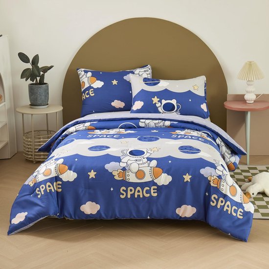 La'Moussawi ® Kinderbeddengoed met astronauten, 135 x 200 cm, planeten, ruimte, sterrenhemel, jongens, meisjes, kinderbeddengoed, raket, sterrenpatroon, omkeerbaar dekbedovertrek met ritssluiting, kussensloop 80 x
