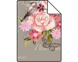 Proefstaal ESTAhome behang bloemen en vogels sepia bruin - 26.5 x 21 cm - 138121-S