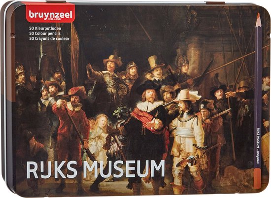 Blik met Bruynzeel 'De Nachtwacht' van Rembrandt, met een oranje potlood ernaast.