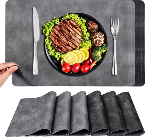 fanquare Grijze placemats en onderzetters, set van 6 PU-lederen