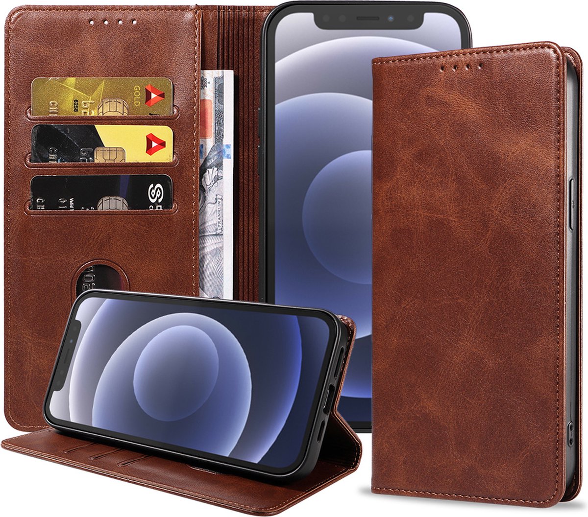 Smartphonica iPhone 12 Mini leren hoesje met magnetische sluiting - Donkerbruin geschikt voor iPhone 12 Mini