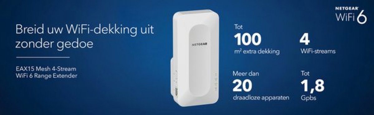 Afbeelding 3 van NETGEAR Nighthawk EAX15 - Mesh WiFi Repeater - Dual-Band - 1800 Mbps - WiFi 6