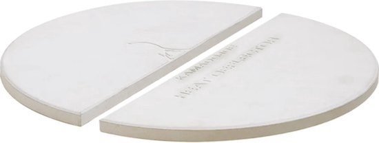 Twee halve keramische hitteschilden, één met "KAMADOJOE HEAT DEFLECTOR" in reliëf en een vogel-logo.