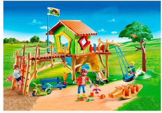 Playmobil speeltuin met huisje, klimmuur, schommel, glijbaan, scooter, bankje en oranje krokodillenwip.