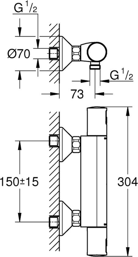 Technische tekening met afmetingen van een wandmontage thermostaatkraan, in zwart.