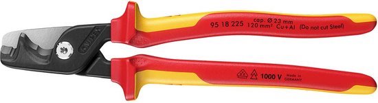 Knipex tang met rode en gele handgrepen, model 95 18 225. Snijdt kabel tot 23 mm.