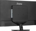 Achterkant van een zwarte monitor met een zwart bevestigingssysteem en Iiyama logo.