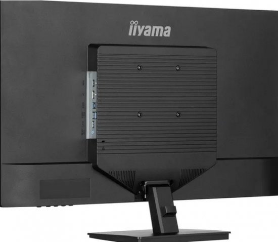 Achterkant van een zwarte monitor met een zwart bevestigingssysteem en Iiyama logo.