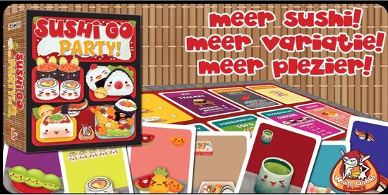 Doos en kaarten van het spel Sushi Go Party, met sushi, onigiri en andere Japanse gerechten.