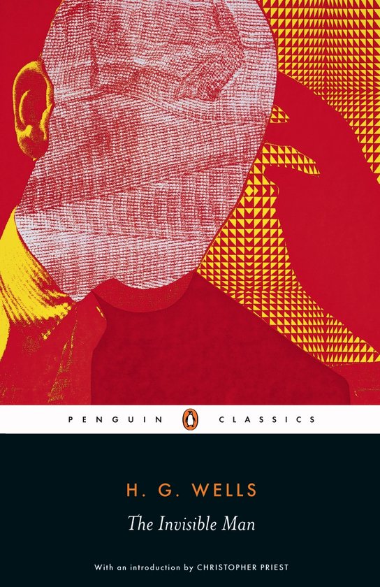 Livre "The Invisible Man" de H.G. Wells, avec un fond abstrait rouge et jaune et un visage couvert de bandages.