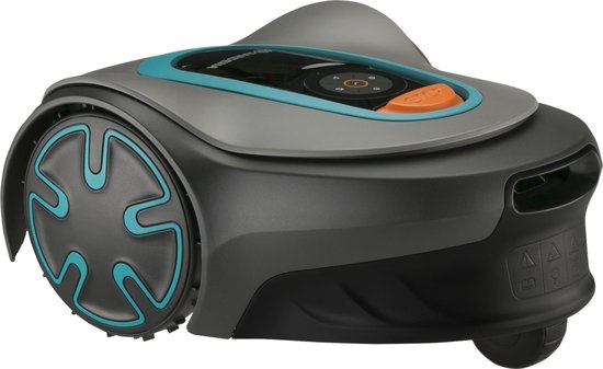 Robotmaaier in het grijs met turkooizen accenten, een groot wiel en een stopknop.
