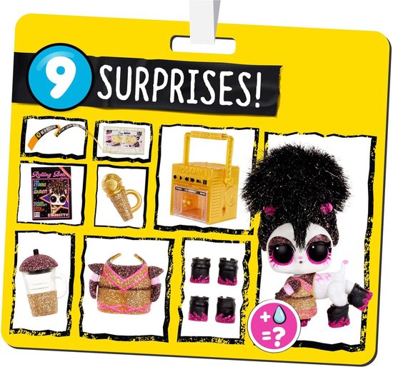 Gele L.O.L. Surprise! Remix doos met 9 verrassingen, waaronder een gouden stereospeler en een pop.