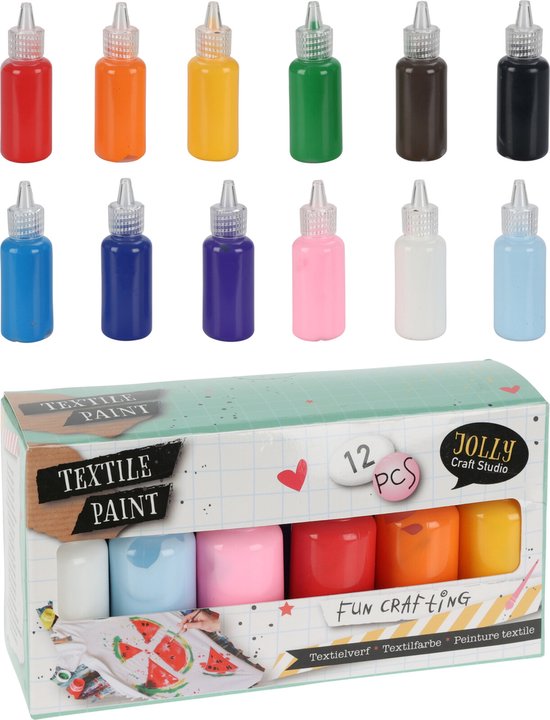 Textielverf Mega Pack 12 kleuren - Textielverfset voor Kinderen en Volwassenen - Knutselen - Shirts Verven