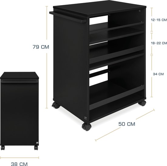 bomoe Bengt – Desserte de cuisine à roulettes 50x79x38 cm – Desserte en bois avec 3 Planches et plan de travail FSC® – Zwart