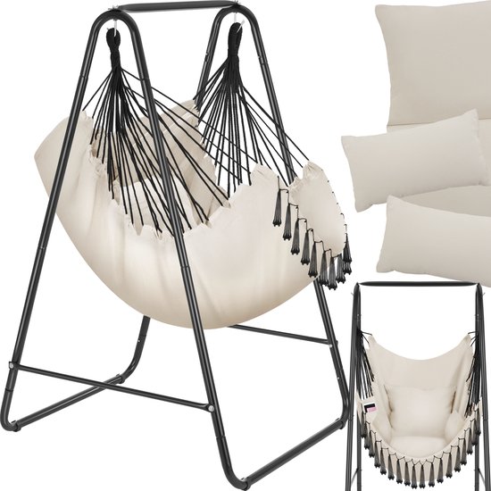 tectake® Hangstoel Boho-stijl met decoratieve kwastjes - Hangmat - Voor binnen & buiten - 160 kg draagkracht - Stalen frame - 85x100x154,5cm - Div. kleuren - Beige